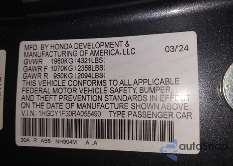 2024 Honda Accord Ex from USA, damaged, VIN 1HGCY1F30RA055490